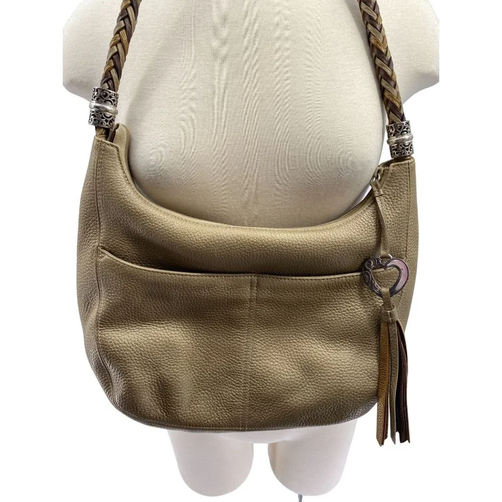 Brighton Barbados pebbled leather hobo purse handbag metallic gold braided handl
